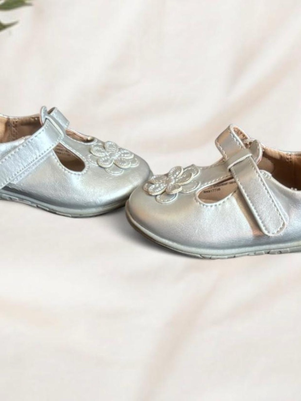 Baby Girl 3 Metallic Silver Mary Jane Shoes with Flower Accent Hook & Loop Strap